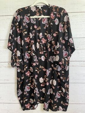 Maurice’s Black Floral Open Front Kimono/Coverup, size L/XL